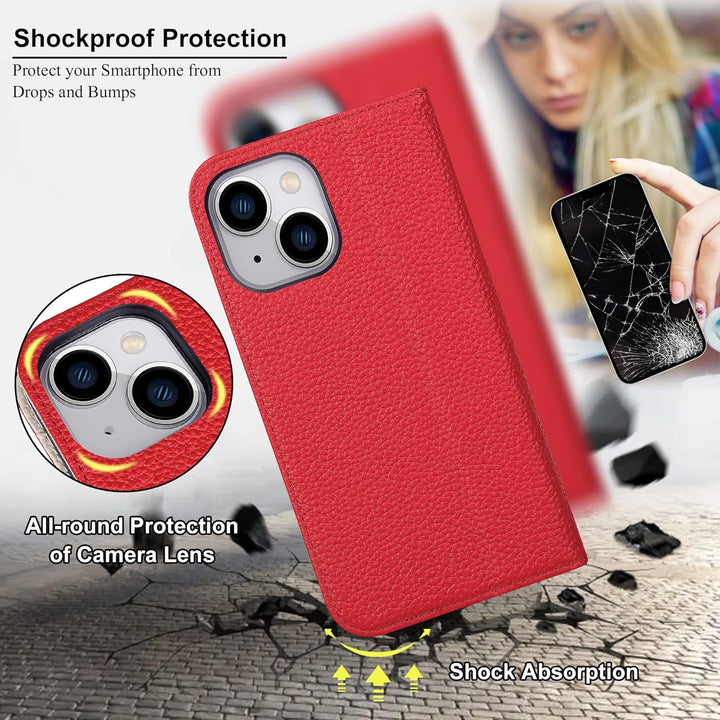 VISOUL Hülle für iPhone 13, Schutzhülle [Echt Leder] [Schützt vor Stoss] [Kartenfach] [Magnetverschl