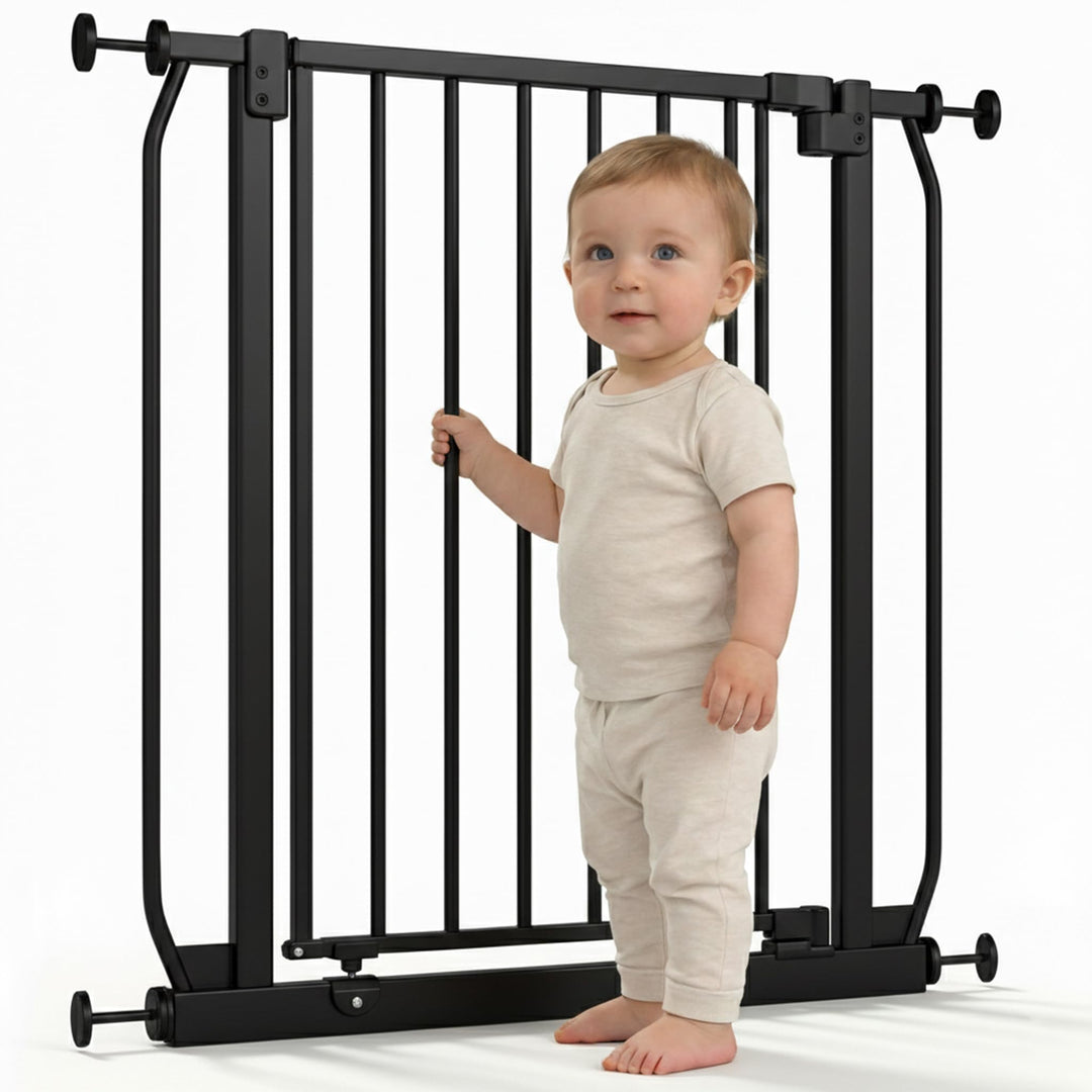 Safetots Elite Pressure Treppenschutzgitter Schwarz – Ohne Bohren – Auto-Close & Stay-Open ab 90° –