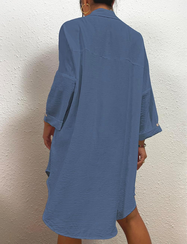 Bsubseach Frauen Badeanzug Coverup Shirt Kleid Button Down Badeanzug Cover Up Beachwear L B-Blauer D