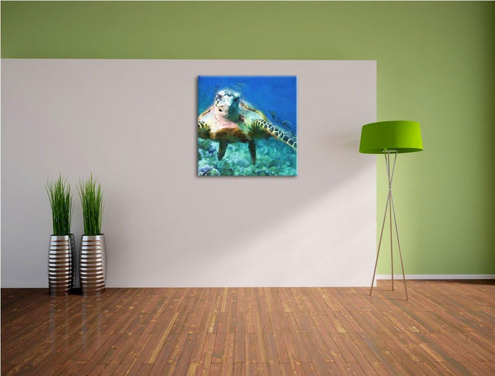 Pixxprint Anmutige Schildkröte im Meer als Leinwandbild/Grösse: 70x70 cm/Wandbild/Kunstdruck/fertig