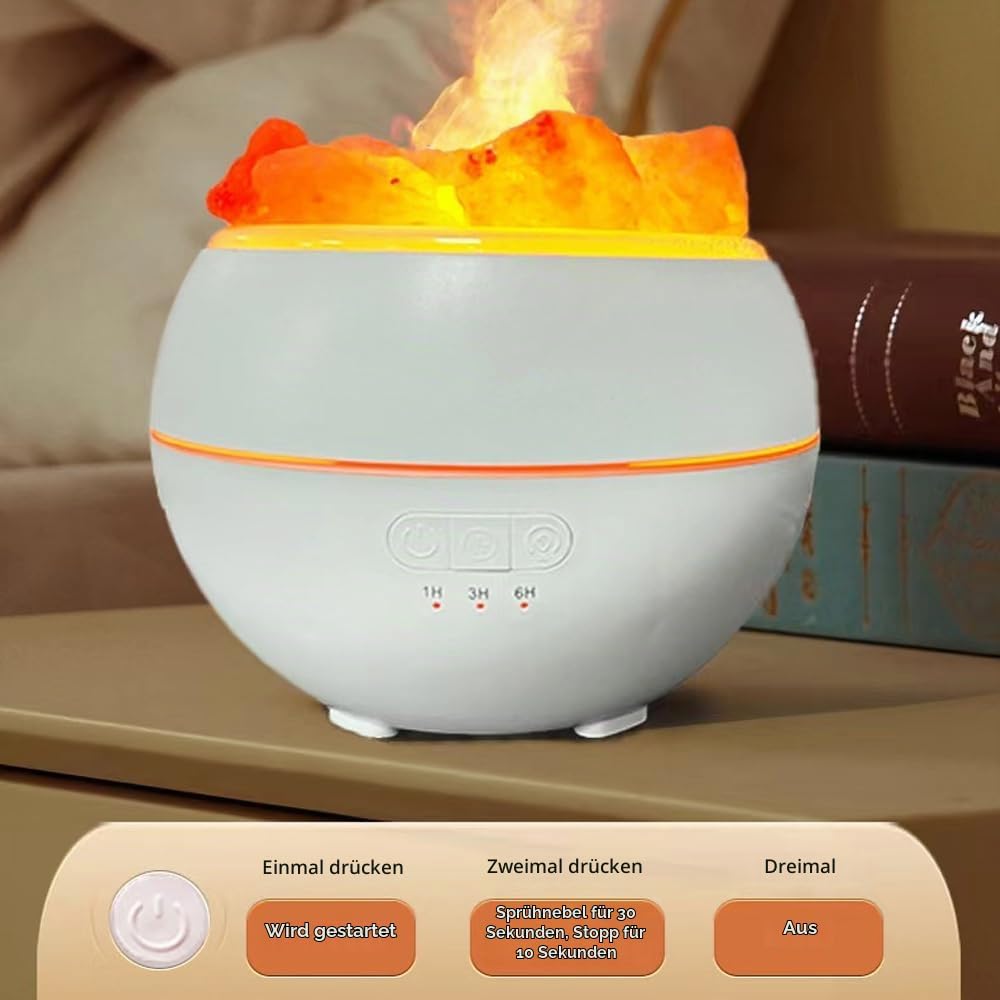 Salzsteinbefeuchter mit LED Umgebungslicht, Flammenlicht und Regenbogengradient USB Aromatherapie Ma