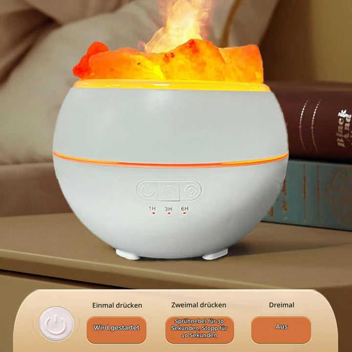 Salzsteinbefeuchter mit LED Umgebungslicht, Flammenlicht und Regenbogengradient USB Aromatherapie Ma