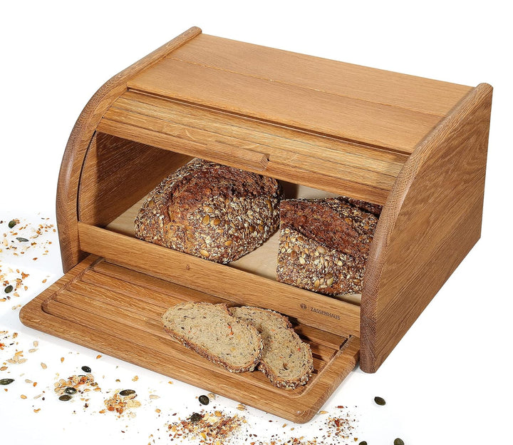 Zassenhaus Brotkasten Country, Brotkorb mit Rolldeckel und Schneidbrett, Eiche 40 x 30 x 20 cm Zasse