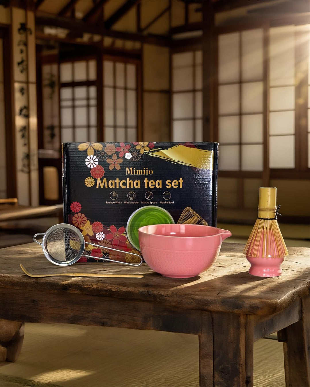 Rosa Matcha Whisk Set, 5 Pcs Macha Tea Set Includes Pink Ceramic Matcha Bowl with Spout, Bamboo Whis