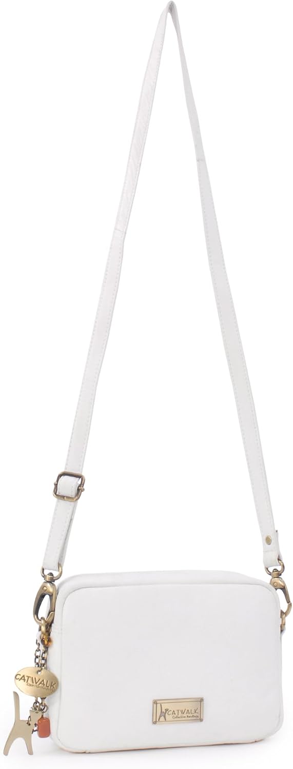 Catwalk Collection Handbags - Leder - Klein Umhängetasche Messenger/Schultertasche - POLLY Weiss, We