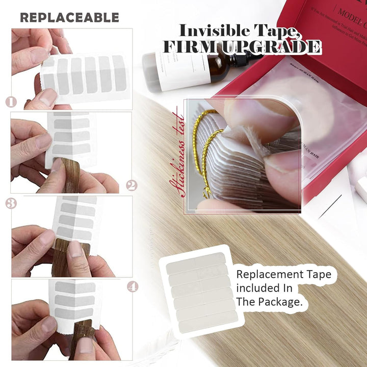 Moresoo Invisible Tape Extensions Echthaar Aschblond Remy Echthaar Extensions Tape Aschblond mit Pla