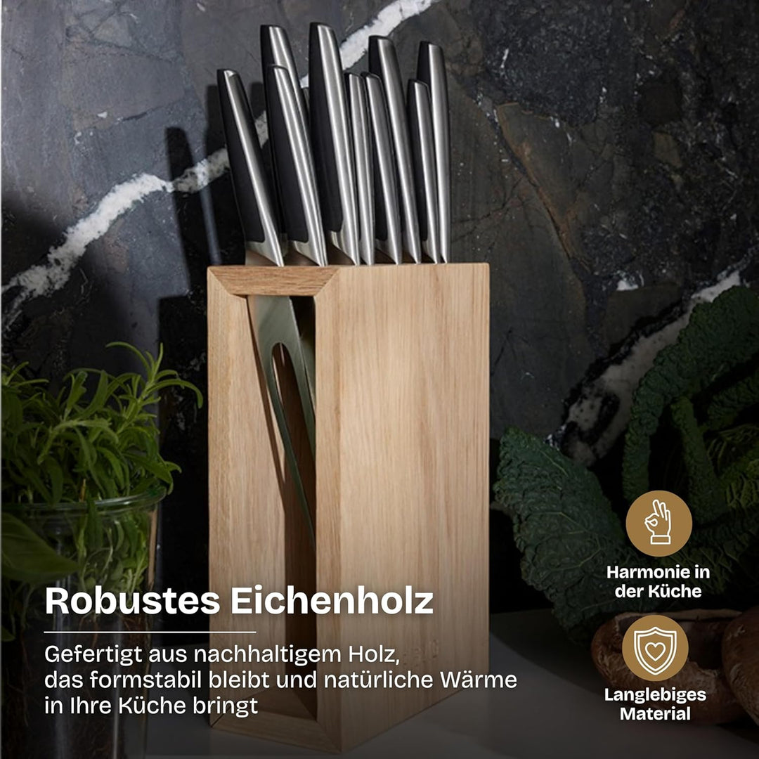 Lignus Messerblock aus Premium Eichenholz – Designer Messerhalter für 11 Messer – Antibakterielles E