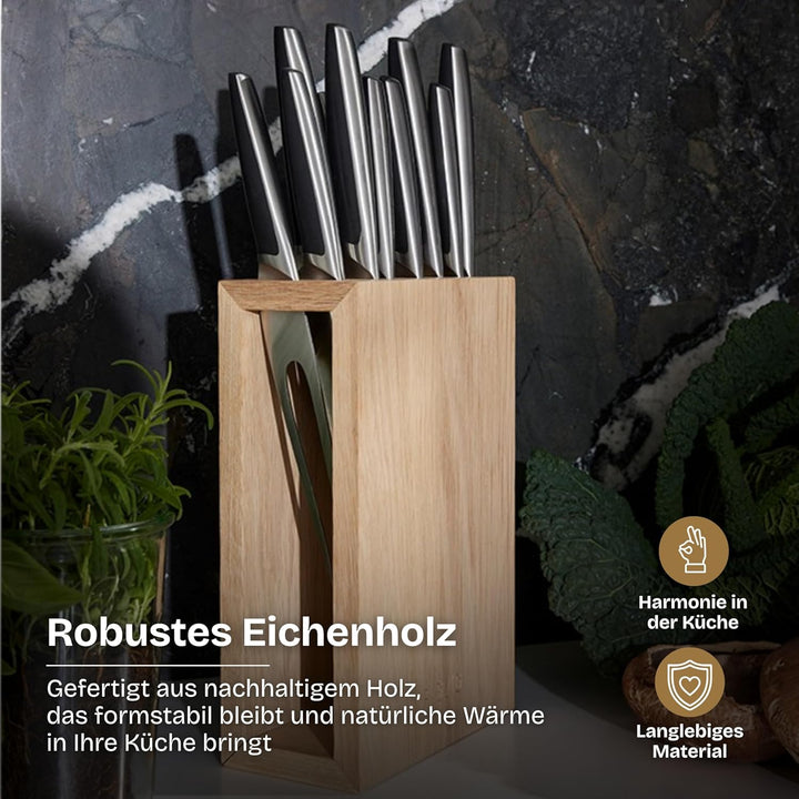 Lignus Messerblock aus Premium Eichenholz – Designer Messerhalter für 11 Messer – Antibakterielles E