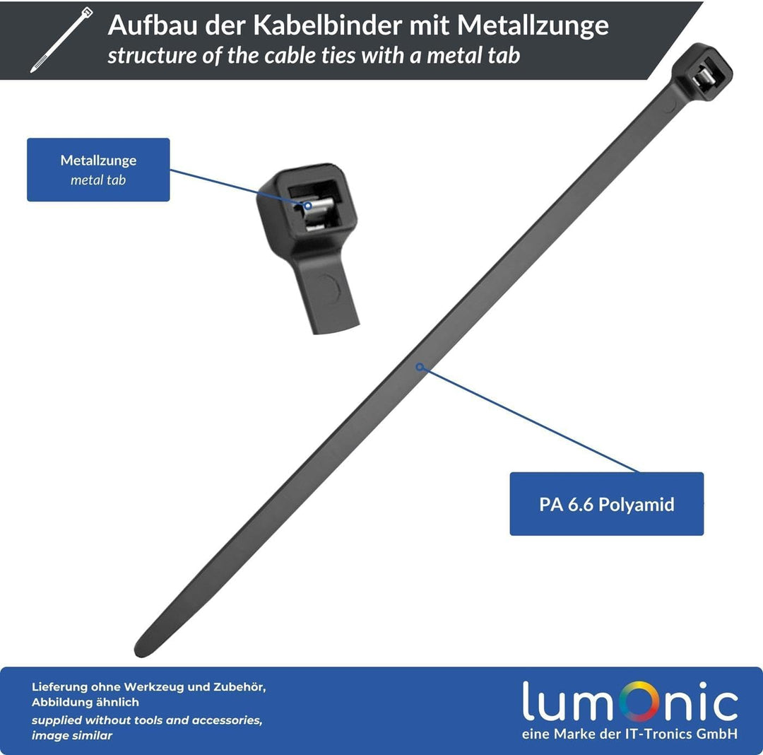 Lumonic 100 Stück Kabelbinder mit Metallzunge | 360 × 4,5mm | bis 40kg Zugfestigkeit | Nylon PA6.6,