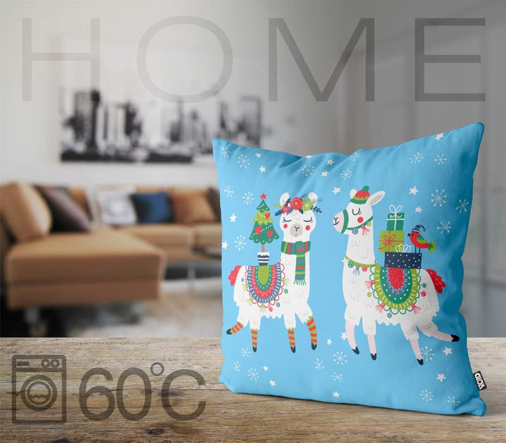 VOID Lamas Weihnachten blau Kissenbezug Kissenhülle Sofakissen Kissen Deko Weihnachten Winter Weihna