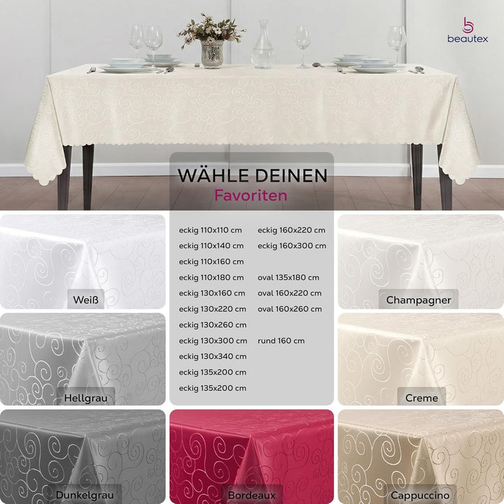 BEAUTEX Tischdecke Damast Ornamente - Bügelfreies Tischtuch - Fleckabweisende, Pflegeleichte Tischwä