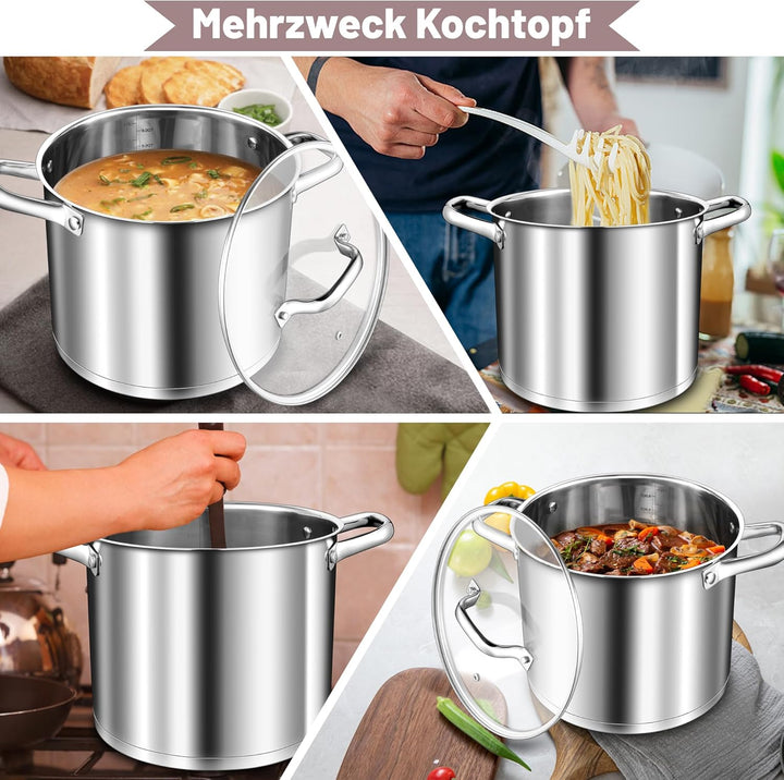 TEAMFAR Kochtopf 10L, Edelstahl Gross Topf Nudeltopf Induktion mit 3-Lagen Boden für alle Herdarten,