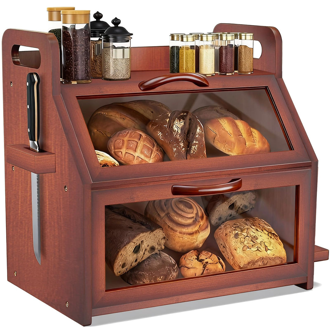 BAMBANG Extra Grosses Brotkasten, 2 Etagen Bambus Brotbox für Küchen, Holz Brotbehälter mit Werkzeug