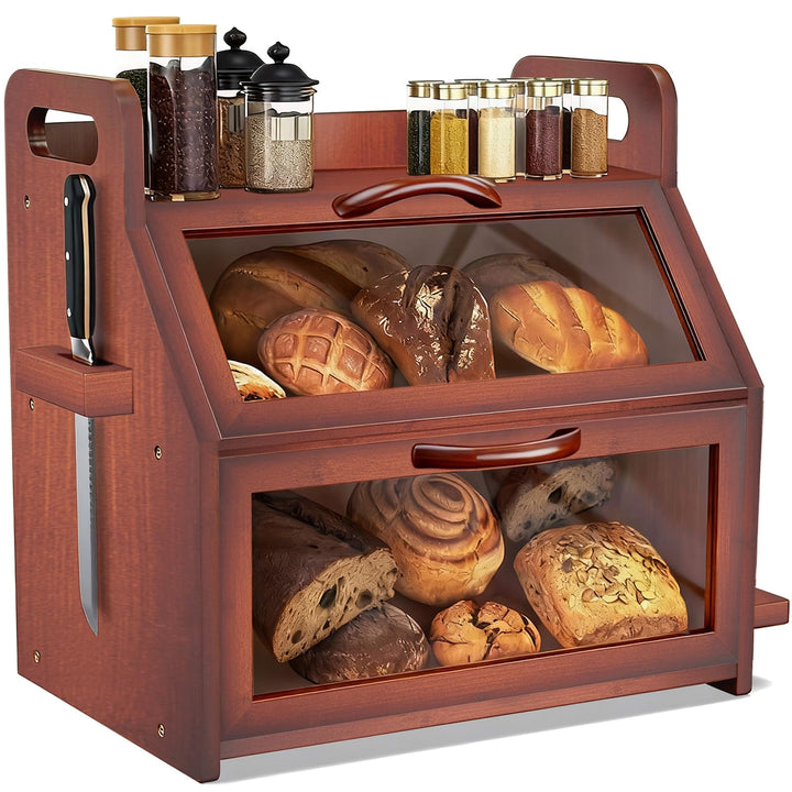 BAMBANG Extra Grosses Brotkasten, 2 Etagen Bambus Brotbox für Küchen, Holz Brotbehälter mit Werkzeug