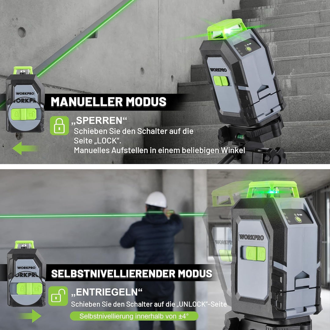 WORKPRO 360° Laserwasserwaage mit Stativ, 30 m Grüner Kreuzlinienlaser, Horizontal/Vertikal/Kreuzlin