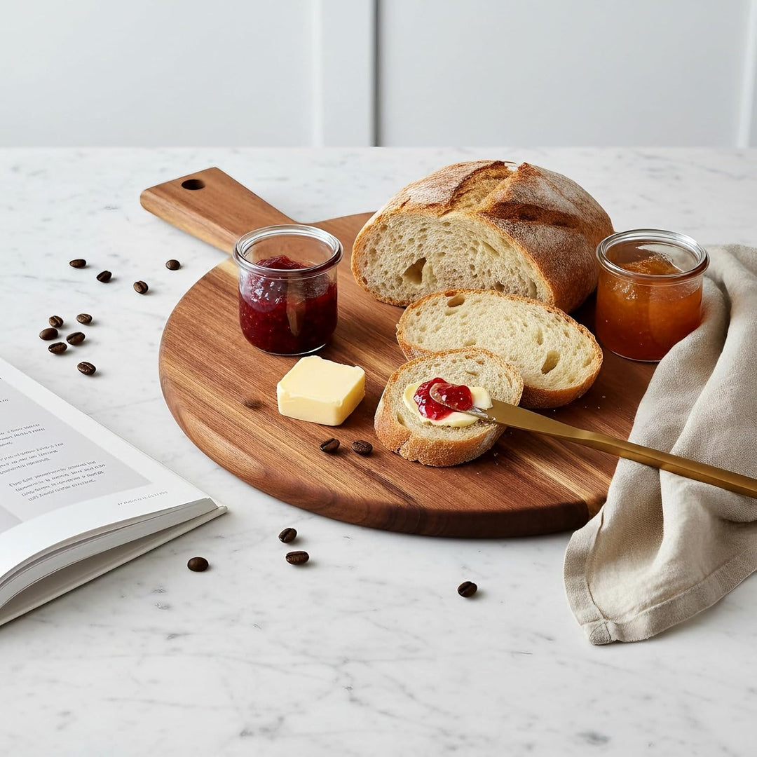 2 Stück Holz Pizzabrett Rund 30cm, 40x30x1.5cm Braun mit Griff, Holz Pizzateller Servierplatte für K