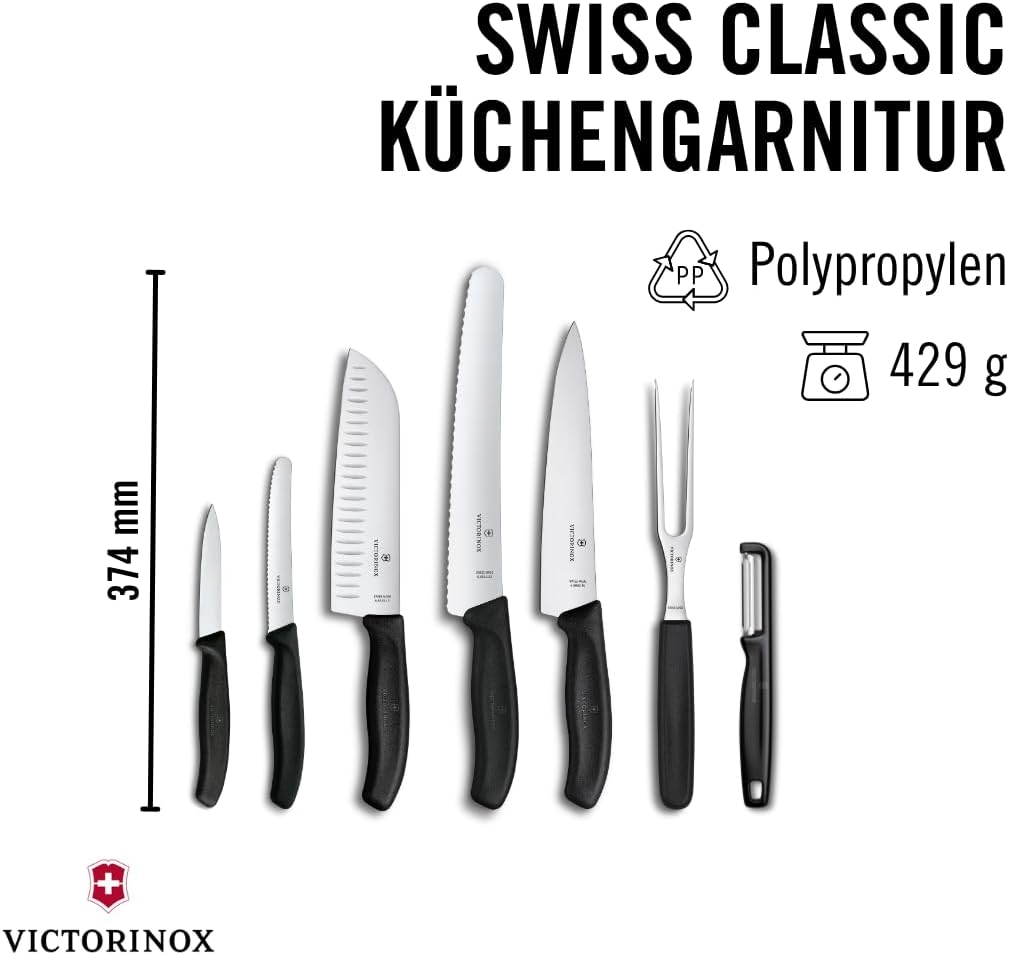 Victorinox Swiss Classic Küchenmesser Set, Kochmesser, 7-teilig, inkl. Santokumesser, Brotmesser, Ge