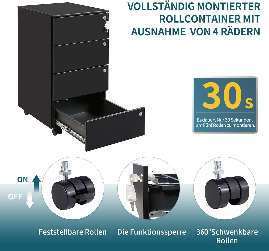 Rollcontainer mit Schubladen, Mobiler Aktenschrank unter Schreibtisch, Abschliessbarer Büroschrank,