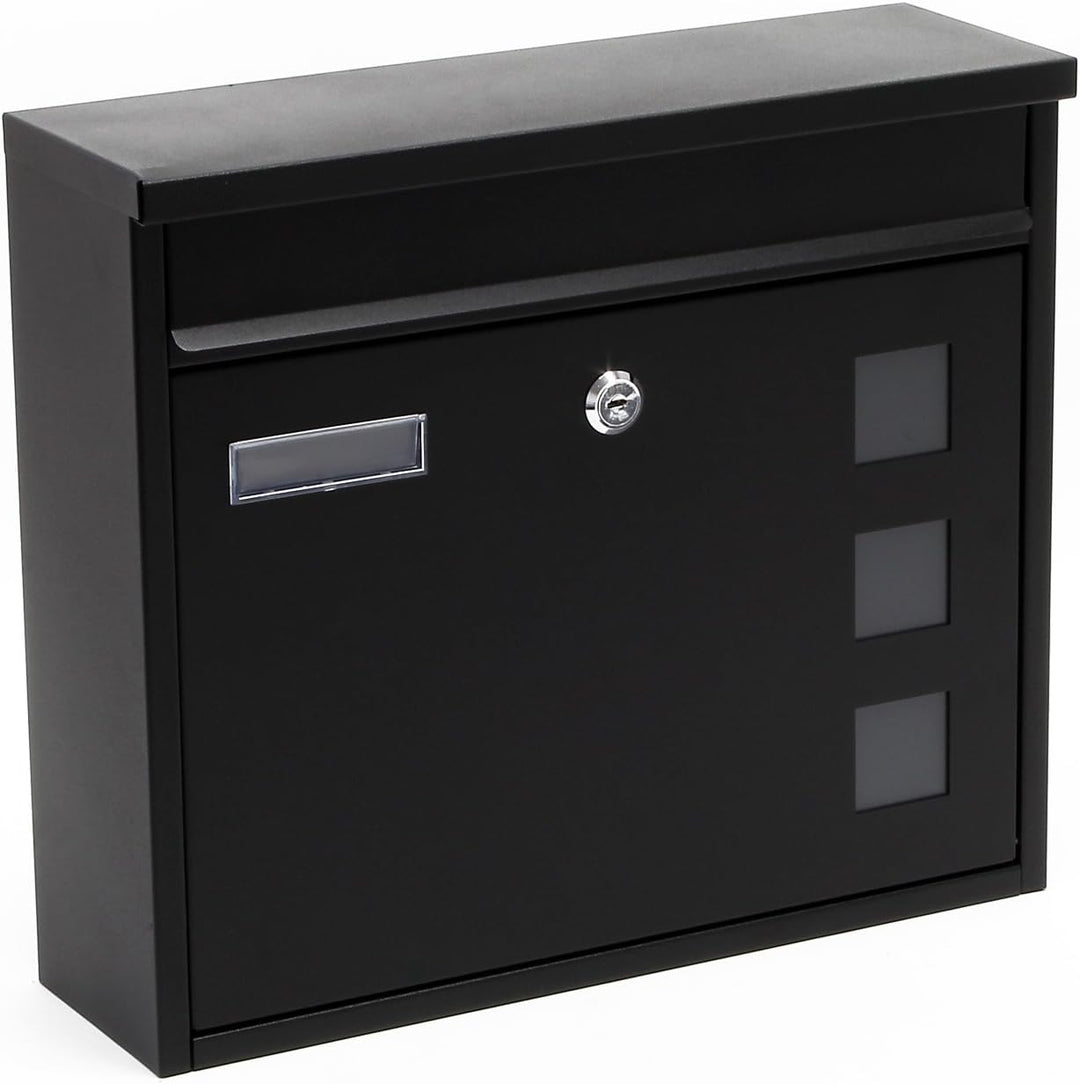 Wiltec Briefkasten V12 schwarz 360 x 115 x 315 mm, Wandbriefkasten mit Schloss, Sichtfenstern und Na