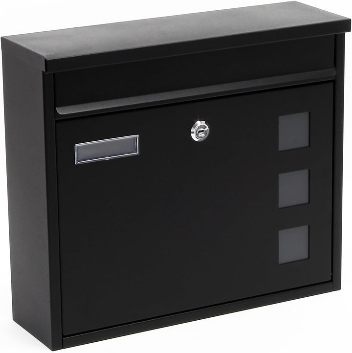 Wiltec Briefkasten V12 schwarz 360 x 115 x 315 mm, Wandbriefkasten mit Schloss, Sichtfenstern und Na