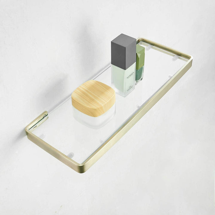 Glasablage mit Reling aus Gebürstetes Gold, Wandablage für das Badezimmer aus Glas und Edelstahl, 45
