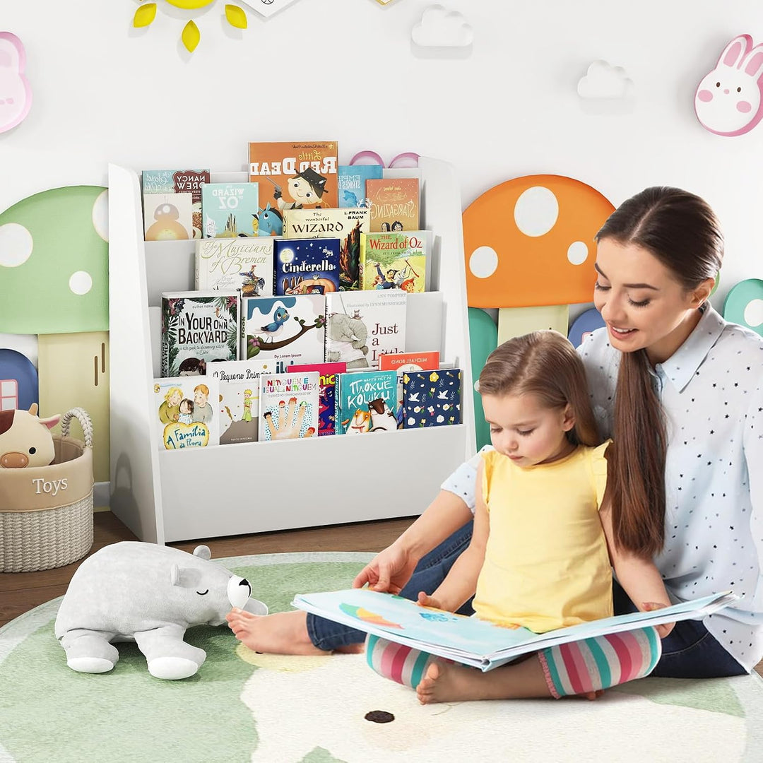 GOPLUS Bücherregal Kinder, Montessori Kinderregal mit 4 Ablagefächern, Kinderbücherregal Büchergeste