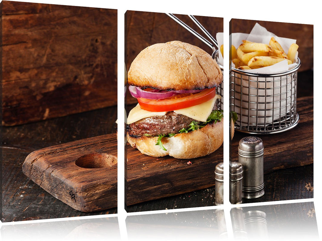 Pixxprint Cheesburger mit Pommes 3-Teiler Leinwandbild 120x80 Bild auf Leinwand, riesige Bilder fert