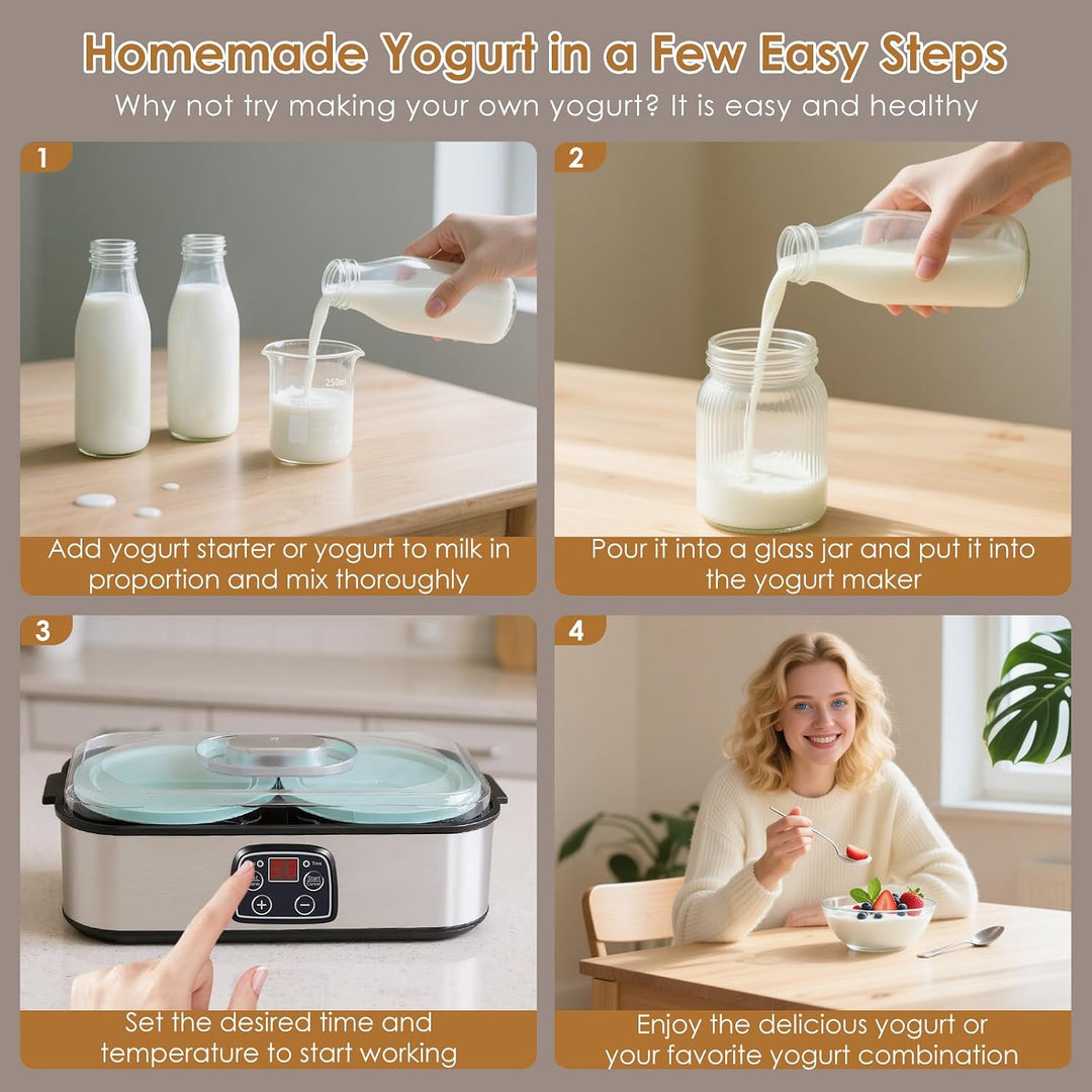 Joghurtbereiter 2L, Yoghurt Maker mit LED Display &amp; 2x 1000ml Glasbehältern, Joghurt Maker Machine m