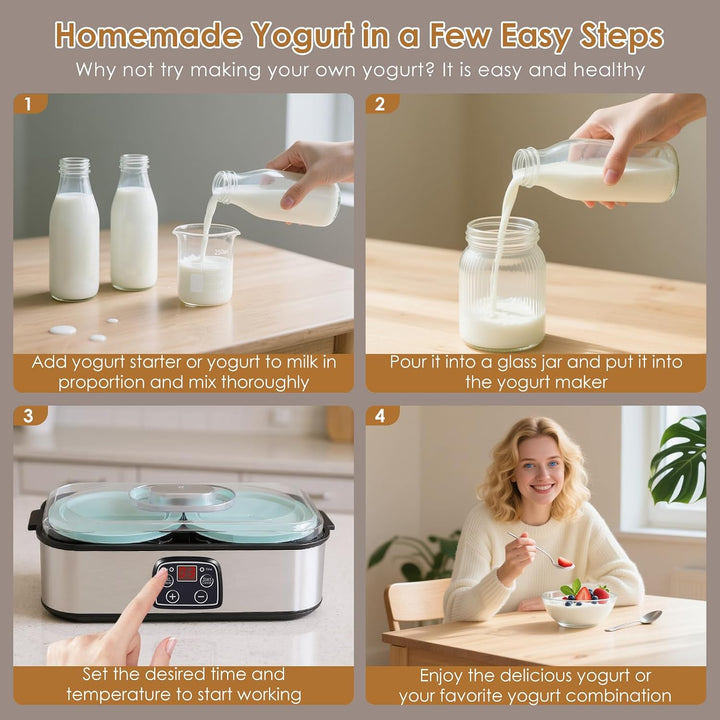 Joghurtbereiter 2L, Yoghurt Maker mit LED Display &amp; 2x 1000ml Glasbehältern, Joghurt Maker Machine m