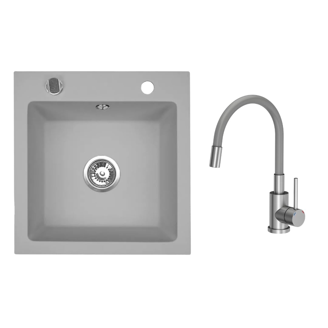 VBChome Granitspüle 50 x 48 cm Grau mit flexibler Armatur Einzelbecken Einbauspüle Gesprenkelt Pfleg