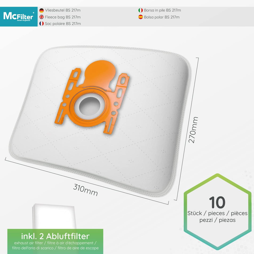 McFilter | 10 Staubsaugerbeutel + 1 Motorschutzfilter geeignet für Siemens VSQ5X1230 Serie Q5.0 extr