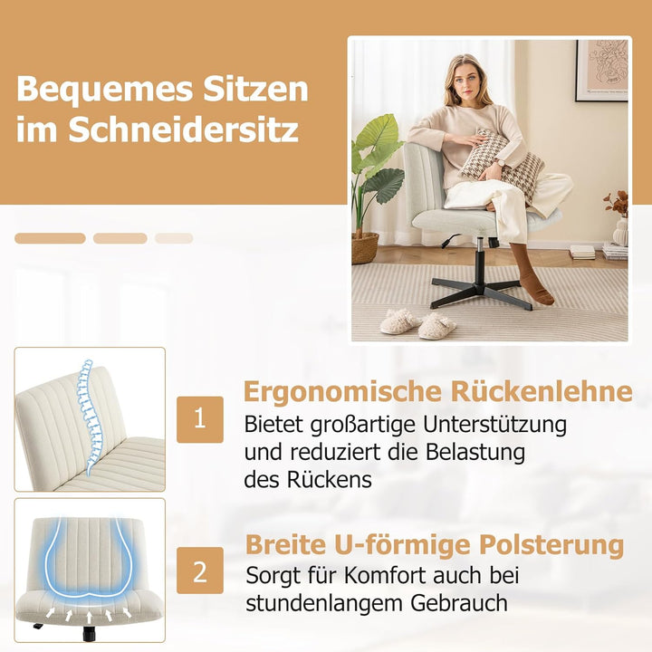 COSTWAY Schneidersitz Stuhl, Drehstuhl ohne Armlehnen, Schreibtischstuhl mit breiter Sitzfläche, Bür