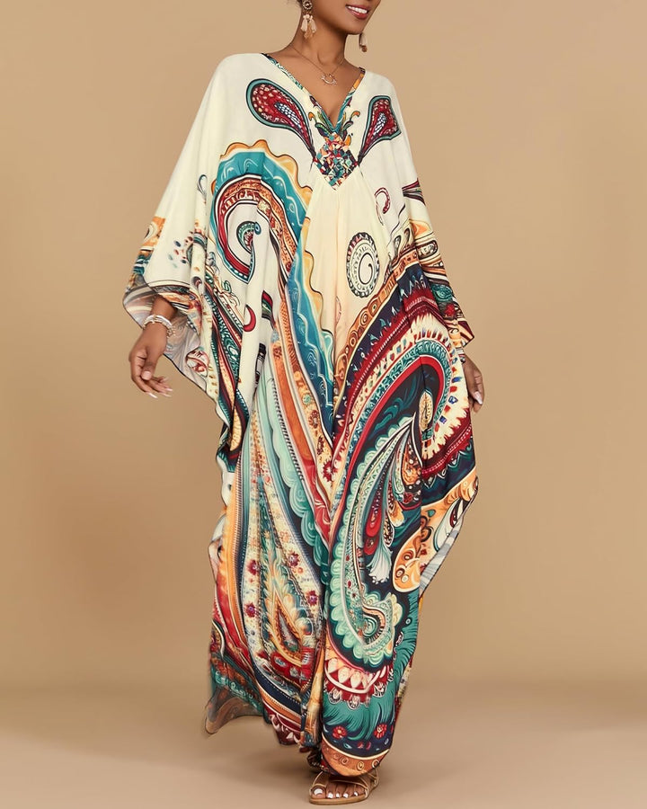 Bsubseach Damen Kaftan Kleider Batwing Sleeve Strandkleid V-Ausschnitt Caftan Maxi Kleid Sommer A-be