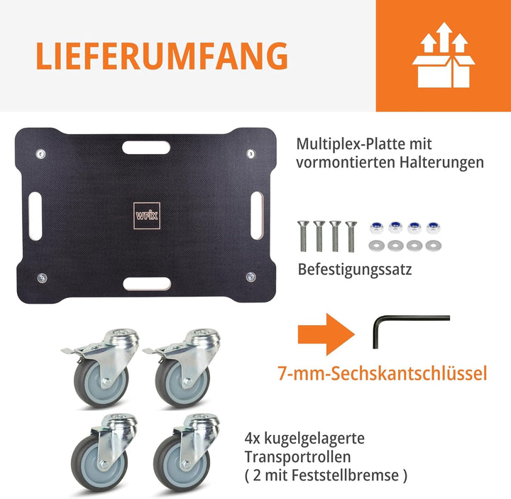 WFix Transportroller 40 x 48 cm 350 kg Tragkraft - Birke-Multiplex 18 mm mit Anti-Rutsch - 4 leise G