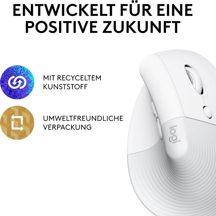 Logitech Lift Vertikale Ergonomische Maus, Kabellos, Bluetooth oder Logi Bolt USB-Empfänger, Leise K