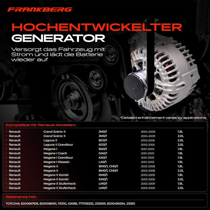 Frankberg Lichtmaschine Generator Kompatibel mit Grand Scénic II 1.9L 2.0L 2004-2009 Laguna II 2.0L
