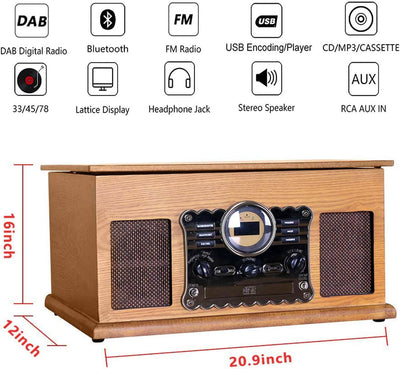 Plattenspieler 9-in-1 DAB Vinyl Turntable Vintage Holz mit Bluetooth/FM/Stereo-Lautsprecher/CD/MP3/K