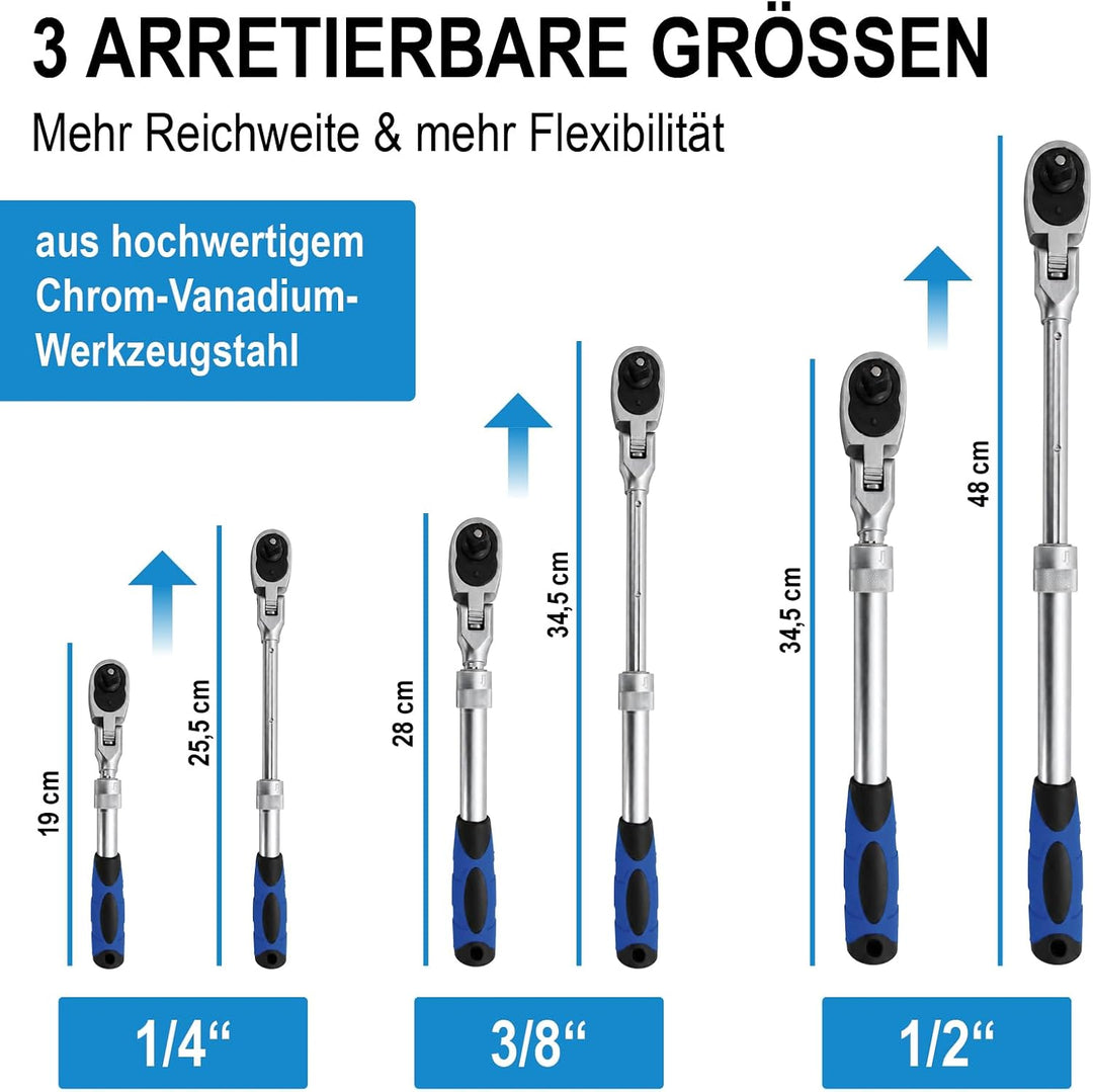 Bituxx 3 tlg Teleskop Gelenk Ratschen 1/4 3/8 1/2 90° Knarre ausziehbar Umschaltknarre Set