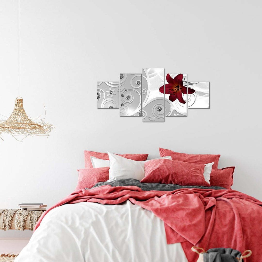 Runa Art Wandbilder Blumen Lilie 5 Teilig Bild auf Vlies Leinwand Deko Wohnzimmer Ornament Silber Ro