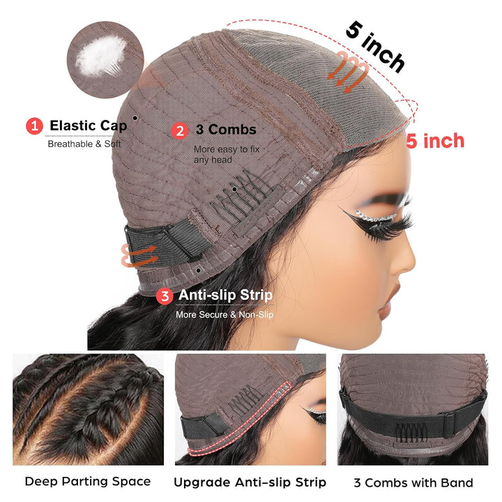 5x5 Glueless Human Hair Wig with 180% Density, 18 Zoll Tiefe Welle Echthaar Perücke für Damen, 100%