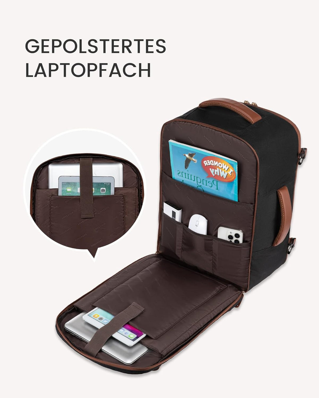 LOVEVOOK Reiserucksack Handgepäck Flugzeug, 40L Reise Rucksack Damen mit 17,3 Zoll Laptopfach, Gross