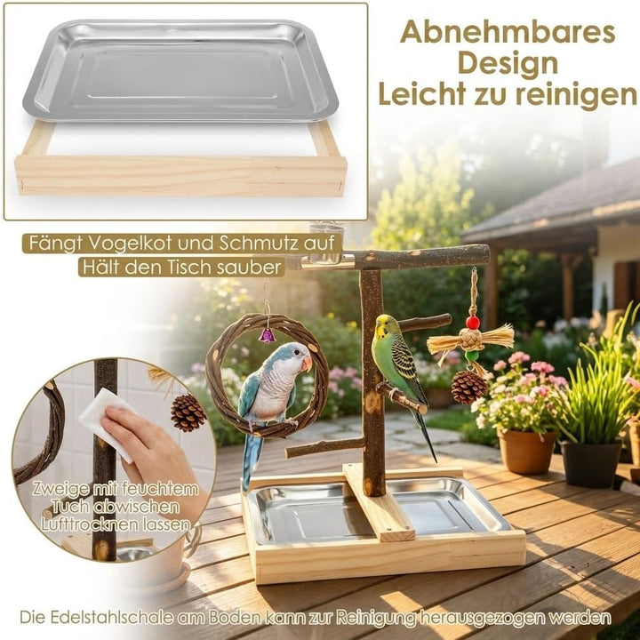 Vogel Spielplatz aus Holz mit Edelstahl-Tablett