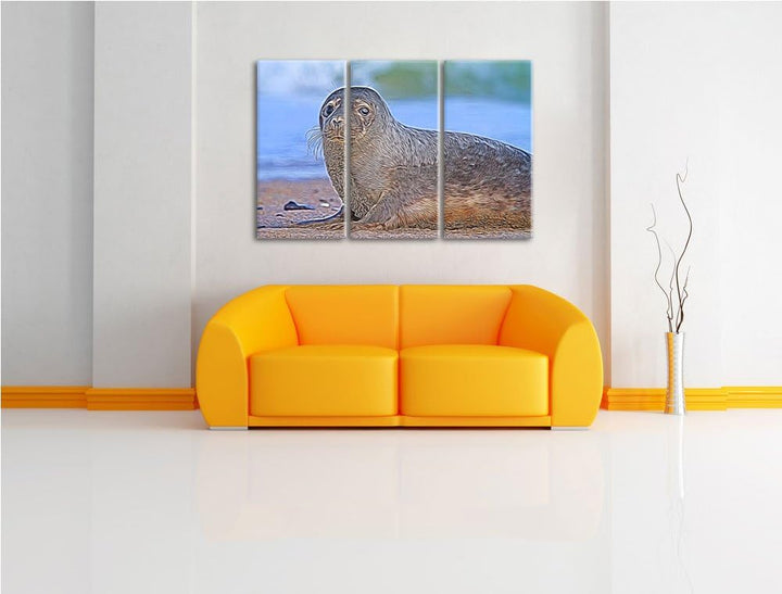 niedliche Robbe am Strand NewArt 3-Teiler Leinwandbild 120x80 Bild auf Leinwand, XXL riesige Bilder