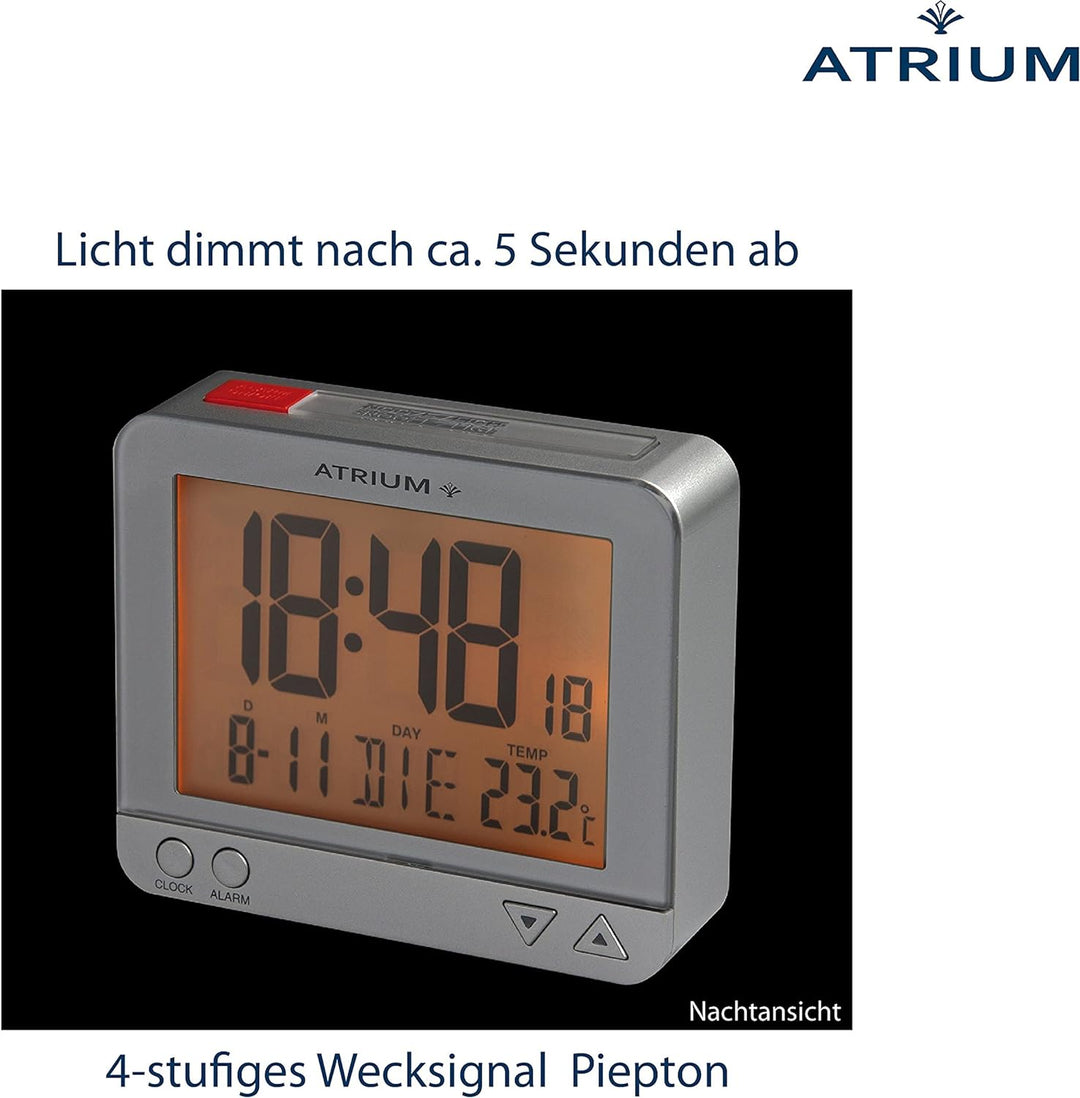 Atrium Funk-Wecker digital Silber sensorgesteuertes Nachtlicht, Obenabsteller, Datum und Temperatura