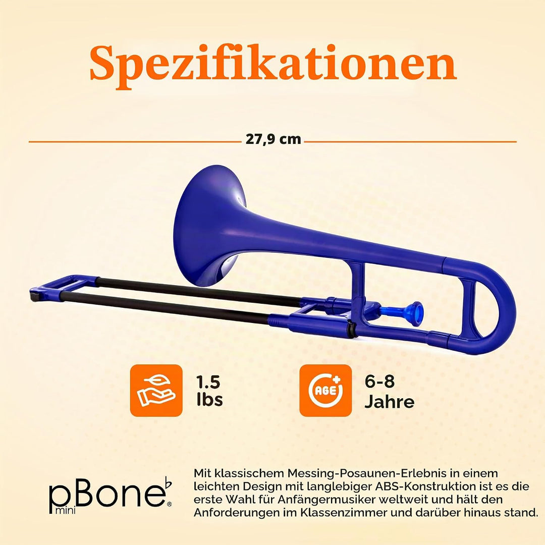 PBONE 700639 Mini-Posaune mit Mundstück und Tasche, blau, Blau