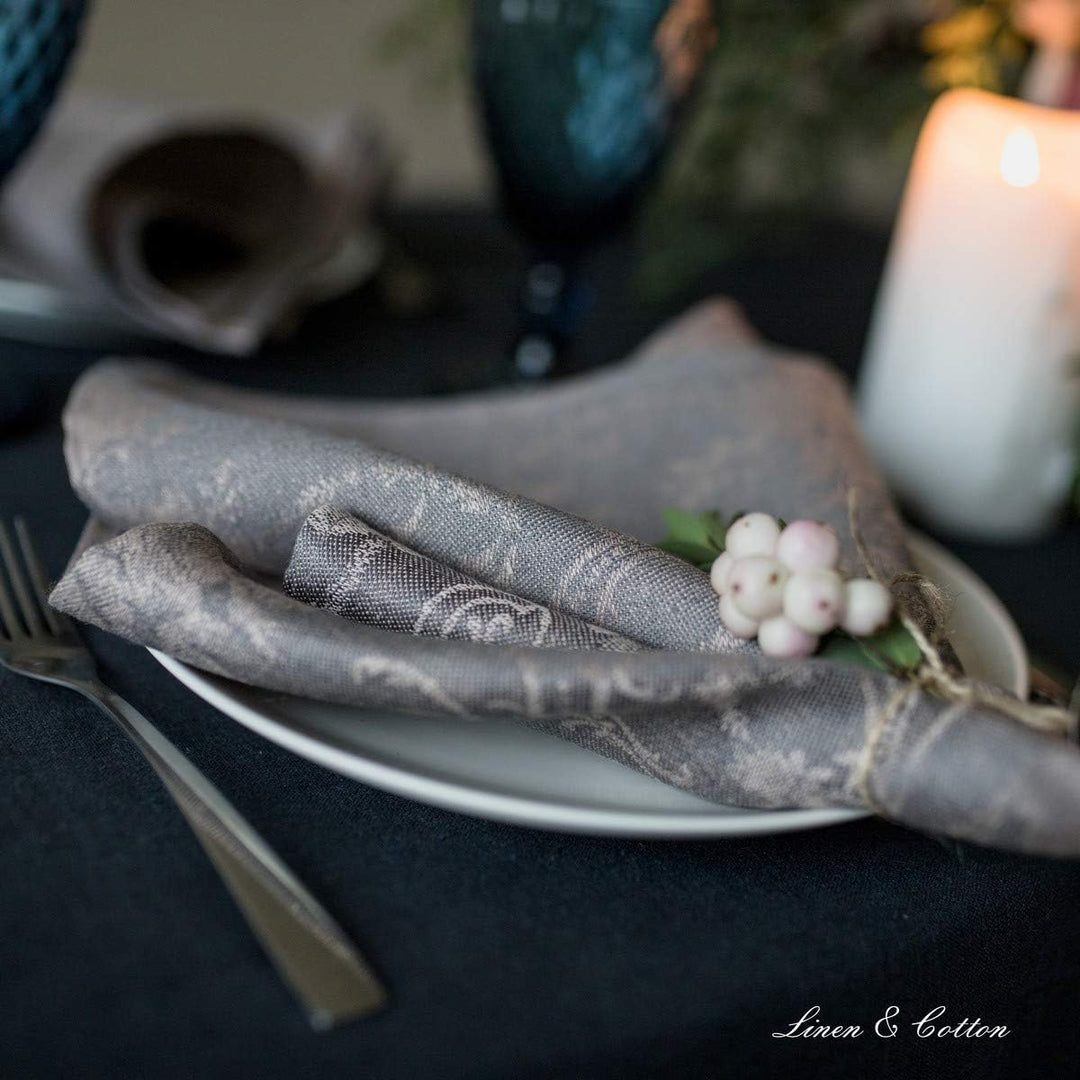 Linen &amp; Cotton 4 x Jacquard Stoffservietten Servietten Stoff Leinenservietten Roseus mit Damast Must
