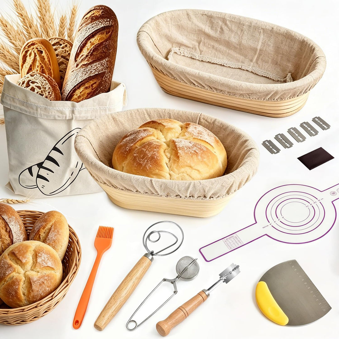 Sauerteig Starter Set, 9-teilig Brotgärkorb Set aus Silikon Gärkörbchen 23cm Rund und 25cm Oval Gärk
