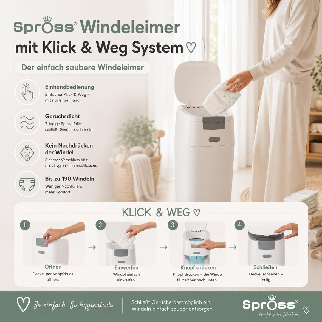 Spross Baby Windeleimer inkl. Nachfüllkassette - geruchsdichtes System mit Einhandbedienung - Müllei