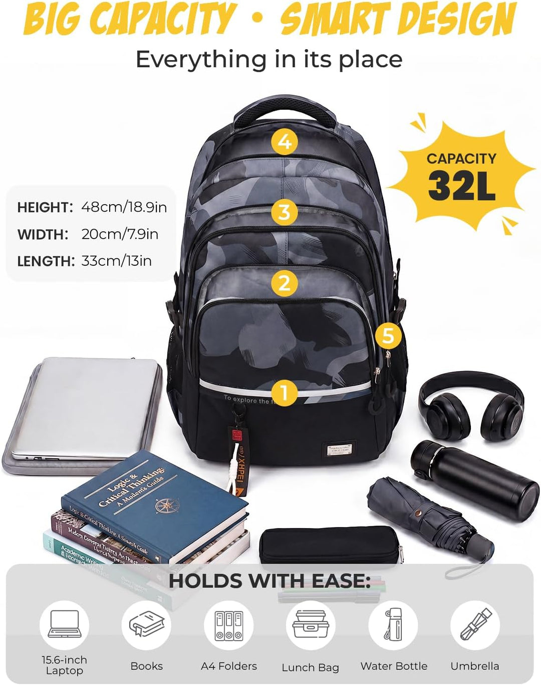 Amythe Schulrucksack Teenager Rucksack für Jungen - Wasserdichter Casual Daypack, Schulranzen Ideal