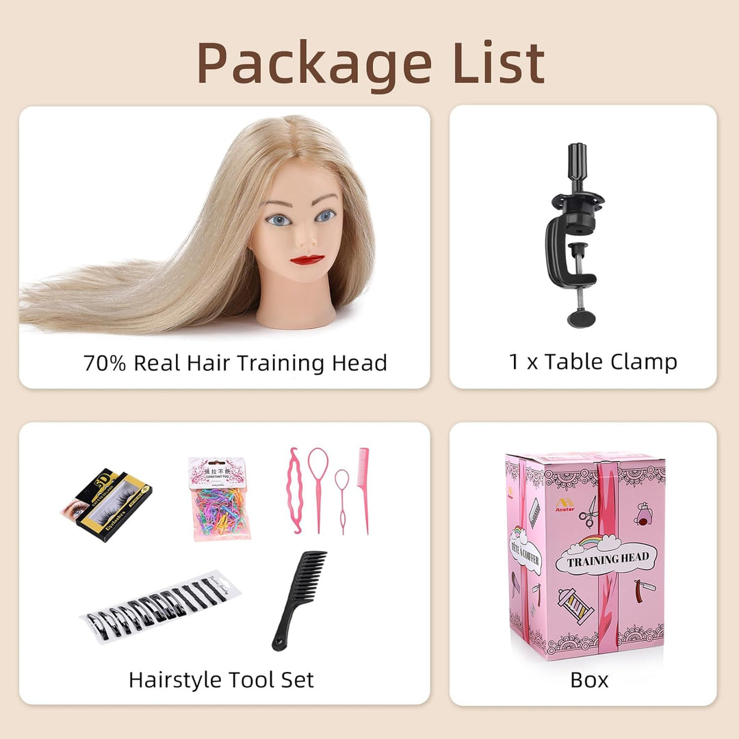 Frisierkopf 70% Echthaar Übungskopf 24 Zoll Frisieren Trainingsköpfe für Friseure Ausbildung Kopf Mi